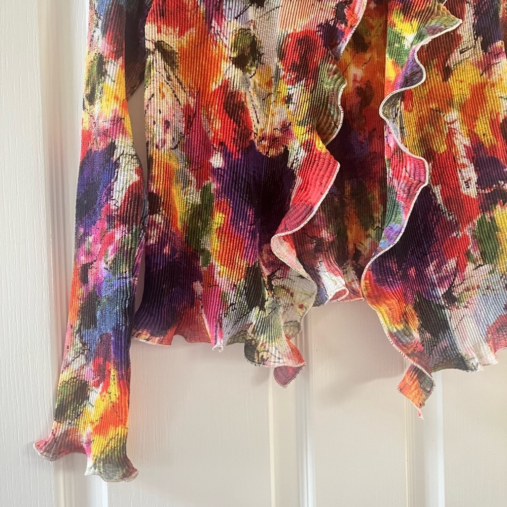 Colorful Floral Midi Dress with Ruffled Cardigan - Picture 7 of 7